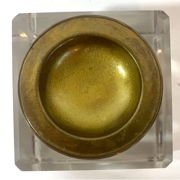 Antique Inkwell Glass beveled glass corners & concave Brass top Square Base 3" - Picture 2 of 10